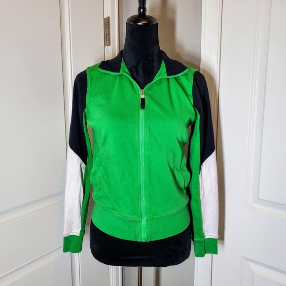 Chaps Stretchy Cotton Green and Black Zip-Up Sweat Jacket 70s Track Jacket EUC - Picture 1 of 16